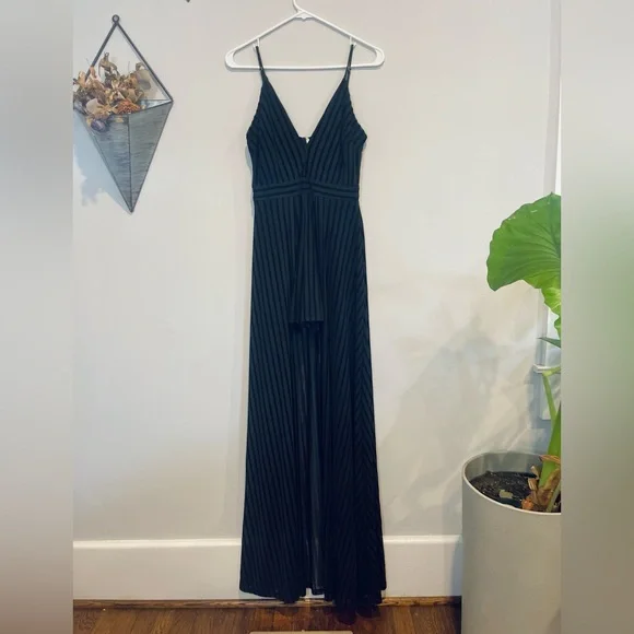 Chic Black Romper Maxi Dress with Flowing Silhouette and Velvet Stripes - Picture 2 of 6
